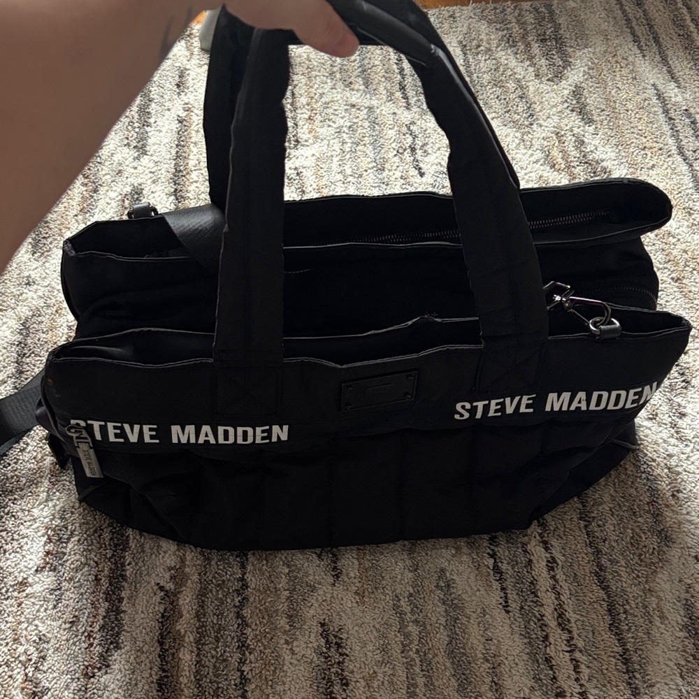 Steve Madden Black Duffel Tote with Logo Strap